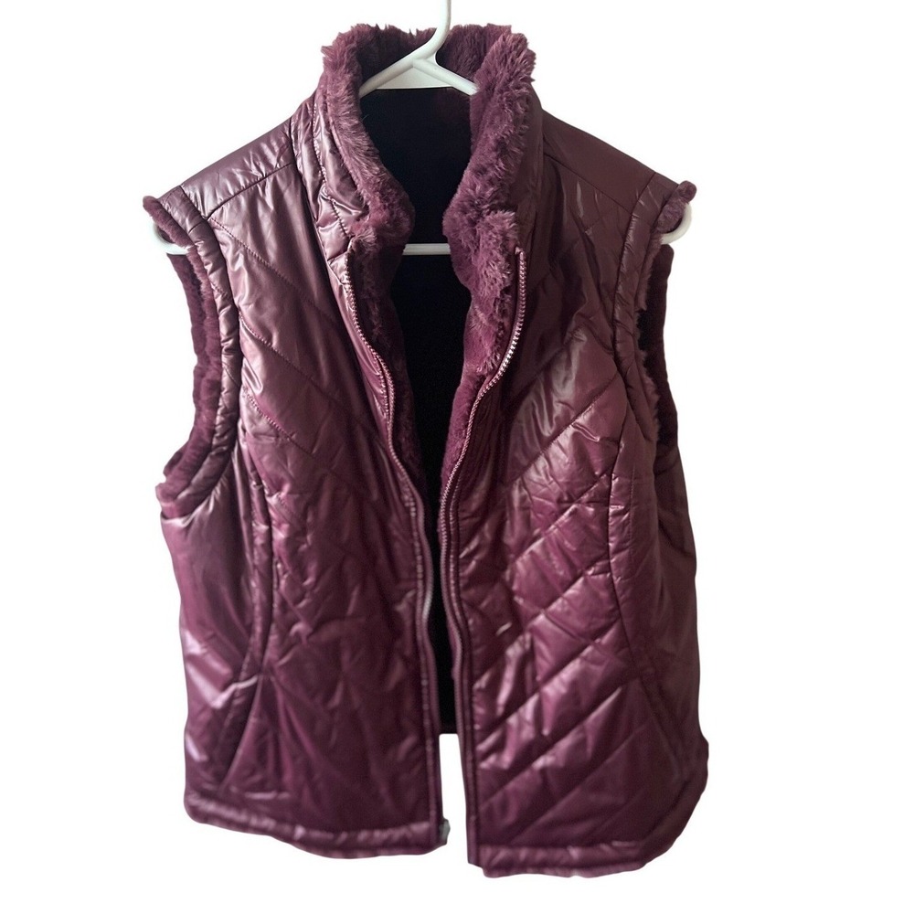 Womens Reversible Faux Fur Quilted Puffer Vest Burgundy Purple Zip Up Large